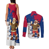 Liberia Christmas Couples Matching Tank Maxi Dress and Long Sleeve Button Shirt with Santa Claus Map Graphic and Red Blue Festive - Wonder Print Shop