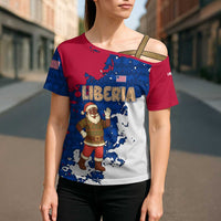 Liberia Christmas Cross Shoulder Shirt with Santa Claus Map Graphic and Red Blue Festive - Wonder Print Shop