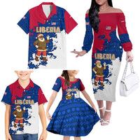 Liberia Christmas Family Matching Off The Shoulder Long Sleeve Dress and Hawaiian Shirt with Santa Claus Map Graphic and Red Blue Festive - Wonder Print Shop