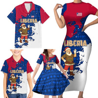 Liberia Christmas Family Matching Short Sleeve Bodycon Dress and Hawaiian Shirt with Santa Claus Map Graphic and Red Blue Festive - Wonder Print Shop