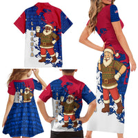 Liberia Christmas Family Matching Short Sleeve Bodycon Dress and Hawaiian Shirt with Santa Claus Map Graphic and Red Blue Festive - Wonder Print Shop
