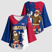 Liberia Christmas Kimono Sleeve Blouse with Santa Claus Map Graphic and Red Blue Festive - Wonder Print Shop