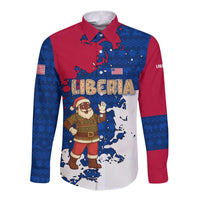Liberia Christmas Long Sleeve Button Shirt with Santa Claus Map Graphic and Red Blue Festive - Wonder Print Shop