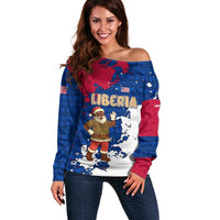 Liberia Christmas Off Shoulder Sweater with Santa Claus Map Graphic and Red Blue Festive - Wonder Print Shop