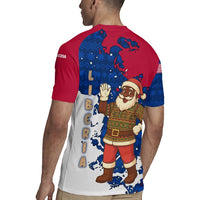 Liberia Christmas Rugby Jersey with Santa Claus Map Graphic and Red Blue Festive - Wonder Print Shop