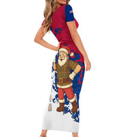 Liberia Christmas Short Sleeve Bodycon Dress with Santa Claus Map Graphic and Red Blue Festive - Wonder Print Shop