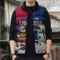 Liberia Christmas Sleeveless Puffer Jacket with Santa Claus Map Graphic and Red Blue Festive - Wonder Print Shop