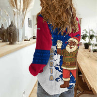 Liberia Christmas Women Casual Shirt with Santa Claus Map Graphic and Red Blue Festive - Wonder Print Shop