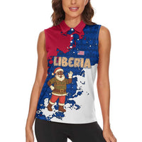 Liberia Christmas Women Sleeveless Polo Shirt with Santa Claus Map Graphic and Red Blue Festive - Wonder Print Shop
