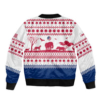 Liberia Christmas Bomber Jacket with Red Wildlife Silhouettes and White Blue Holiday - Wonder Print Shop
