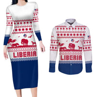 Liberia Christmas Couples Matching Long Sleeve Bodycon Dress and Long Sleeve Button Shirt with Red Wildlife Silhouettes and White Blue Holiday - Wonder Print Shop