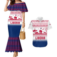 Liberia Christmas Couples Matching Mermaid Dress and Hawaiian Shirt with Red Wildlife Silhouettes and White Blue Holiday - Wonder Print Shop
