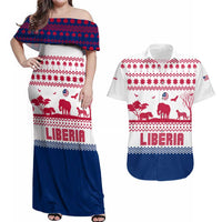 Liberia Christmas Couples Matching Off Shoulder Maxi Dress and Hawaiian Shirt with Red Wildlife Silhouettes and White Blue Holiday - Wonder Print Shop