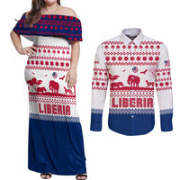 Liberia Christmas Couples Matching Off Shoulder Maxi Dress and Long Sleeve Button Shirt with Red Wildlife Silhouettes and White Blue Holiday - Wonder Print Shop