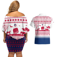 Liberia Christmas Couples Matching Off Shoulder Short Dress and Hawaiian Shirt with Red Wildlife Silhouettes and White Blue Holiday - Wonder Print Shop
