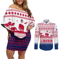 Liberia Christmas Couples Matching Off Shoulder Short Dress and Long Sleeve Button Shirt with Red Wildlife Silhouettes and White Blue Holiday - Wonder Print Shop