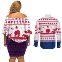 Liberia Christmas Couples Matching Off Shoulder Short Dress and Long Sleeve Button Shirt with Red Wildlife Silhouettes and White Blue Holiday - Wonder Print Shop