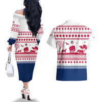 Liberia Christmas Couples Matching Off The Shoulder Long Sleeve Dress and Hawaiian Shirt with Red Wildlife Silhouettes and White Blue Holiday - Wonder Print Shop