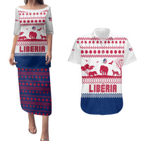Liberia Christmas Couples Matching Puletasi and Hawaiian Shirt with Red Wildlife Silhouettes and White Blue Holiday - Wonder Print Shop