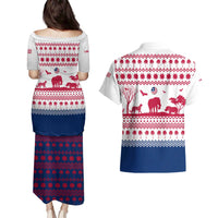 Liberia Christmas Couples Matching Puletasi and Hawaiian Shirt with Red Wildlife Silhouettes and White Blue Holiday - Wonder Print Shop