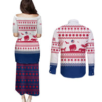 Liberia Christmas Couples Matching Puletasi and Long Sleeve Button Shirt with Red Wildlife Silhouettes and White Blue Holiday - Wonder Print Shop