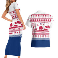 Liberia Christmas Couples Matching Short Sleeve Bodycon Dress and Hawaiian Shirt with Red Wildlife Silhouettes and White Blue Holiday - Wonder Print Shop