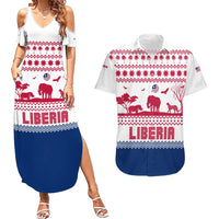 Liberia Christmas Couples Matching Summer Maxi Dress and Hawaiian Shirt with Red Wildlife Silhouettes and White Blue Holiday - Wonder Print Shop