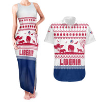 Liberia Christmas Couples Matching Tank Maxi Dress and Hawaiian Shirt with Red Wildlife Silhouettes and White Blue Holiday - Wonder Print Shop