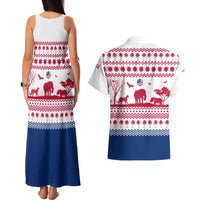 Liberia Christmas Couples Matching Tank Maxi Dress and Hawaiian Shirt with Red Wildlife Silhouettes and White Blue Holiday - Wonder Print Shop
