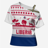 Liberia Christmas Cross Shoulder Shirt with Red Wildlife Silhouettes and White Blue Holiday - Wonder Print Shop