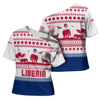 Liberia Christmas Cross Shoulder Shirt with Red Wildlife Silhouettes and White Blue Holiday - Wonder Print Shop