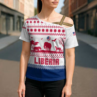 Liberia Christmas Cross Shoulder Shirt with Red Wildlife Silhouettes and White Blue Holiday - Wonder Print Shop