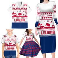 Liberia Christmas Family Matching Long Sleeve Bodycon Dress and Hawaiian Shirt with Red Wildlife Silhouettes and White Blue Holiday - Wonder Print Shop