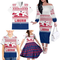 Liberia Christmas Family Matching Off The Shoulder Long Sleeve Dress and Hawaiian Shirt with Red Wildlife Silhouettes and White Blue Holiday - Wonder Print Shop