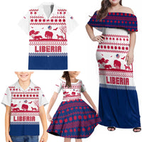 Liberia Christmas Family Matching Off Shoulder Maxi Dress and Hawaiian Shirt with Red Wildlife Silhouettes and White Blue Holiday - Wonder Print Shop