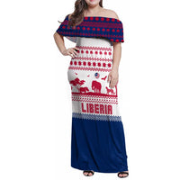 Liberia Christmas Family Matching Off Shoulder Maxi Dress and Hawaiian Shirt with Red Wildlife Silhouettes and White Blue Holiday - Wonder Print Shop