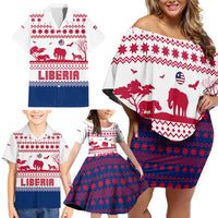 Liberia Christmas Family Matching Off Shoulder Short Dress and Hawaiian Shirt with Red Wildlife Silhouettes and White Blue Holiday - Wonder Print Shop