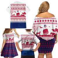 Liberia Christmas Family Matching Off Shoulder Short Dress and Hawaiian Shirt with Red Wildlife Silhouettes and White Blue Holiday - Wonder Print Shop