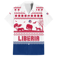 Liberia Christmas Family Matching Off Shoulder Short Dress and Hawaiian Shirt with Red Wildlife Silhouettes and White Blue Holiday - Wonder Print Shop