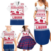 Liberia Christmas Family Matching Summer Maxi Dress and Hawaiian Shirt with Red Wildlife Silhouettes and White Blue Holiday - Wonder Print Shop