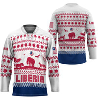 Liberia Christmas Hockey Jersey with Red Wildlife Silhouettes and White Blue Holiday - Wonder Print Shop