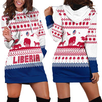 Liberia Christmas Hoodie Dress with Red Wildlife Silhouettes and White Blue Holiday - Wonder Print Shop