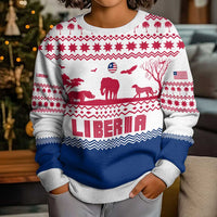 Liberia Christmas Kid Ugly Christmas Sweater with Red Wildlife Silhouettes and White Blue Holiday - Wonder Print Shop