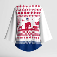 Liberia Christmas Kimono Sleeve Blouse with Red Wildlife Silhouettes and White Blue Holiday - Wonder Print Shop