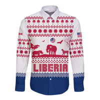 Liberia Christmas Long Sleeve Button Shirt with Red Wildlife Silhouettes and White Blue Holiday - Wonder Print Shop