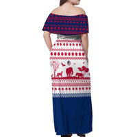 Liberia Christmas Off Shoulder Maxi Dress with Red Wildlife Silhouettes and White Blue Holiday - Wonder Print Shop