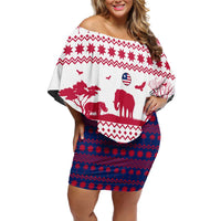 Liberia Christmas Off Shoulder Short Dress with Red Wildlife Silhouettes and White Blue Holiday - Wonder Print Shop