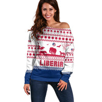Liberia Christmas Off Shoulder Sweater with Red Wildlife Silhouettes and White Blue Holiday - Wonder Print Shop