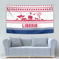 Liberia Christmas Tapestry with Red Wildlife Silhouettes and White Blue Holiday - Wonder Print Shop