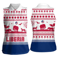 Liberia Christmas Women Sleeveless Polo Shirt with Red Wildlife Silhouettes and White Blue Holiday - Wonder Print Shop